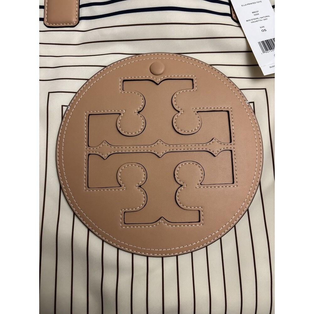 Tory Burch Ella Printed Tote Box Stripe Natural Vachetta Canvas Shopper New $268 - Picture 7 of 7
